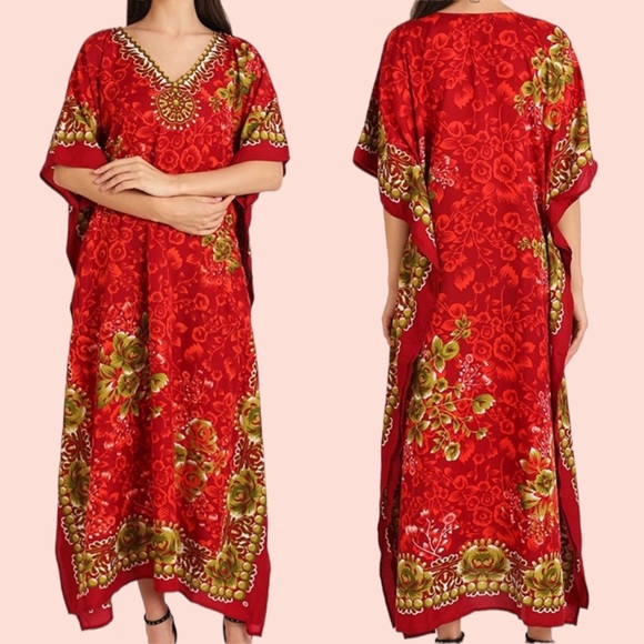 Lavish London Caftan Red Poppy Green Roses Maxi Dress Beach Cover Up Size 1X - Picture 1 of 10